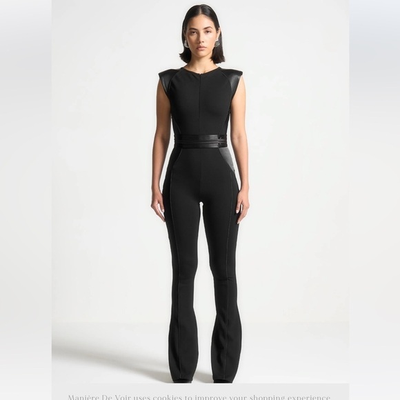 Satin Contour Flared Jumpsuit - Black - Picture 1 of 14
